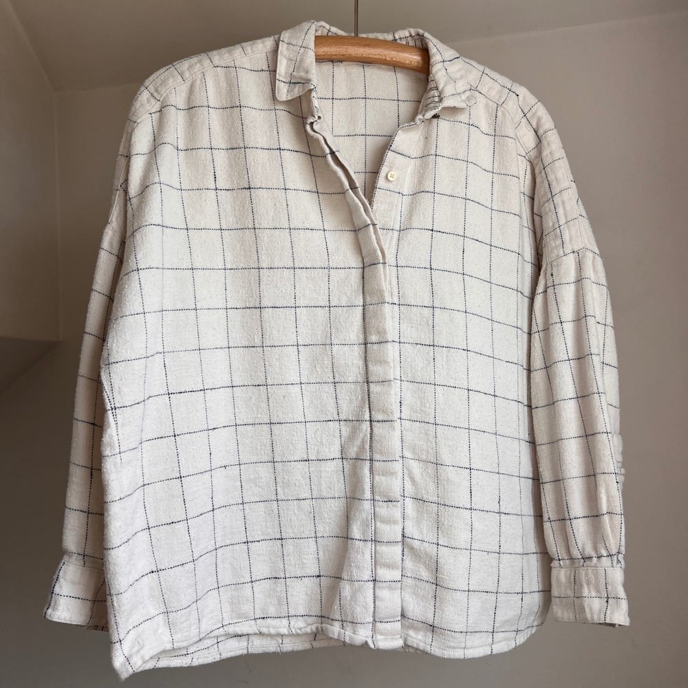 Sessun Delima Shirt Medium White Grid 100% Cotton Button Down Top Preppy Chic